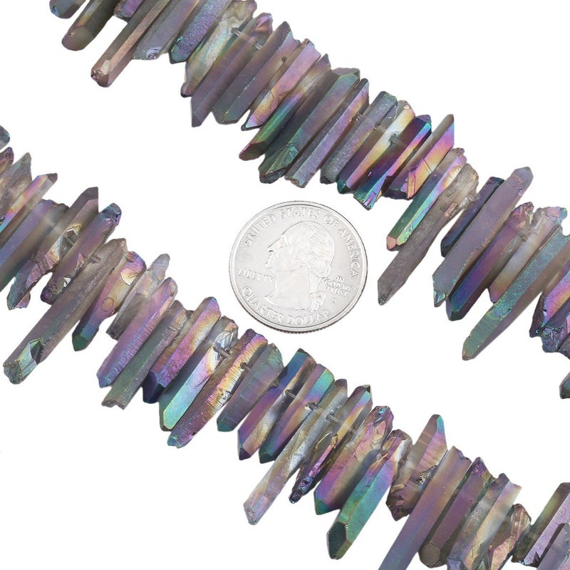 SUNYIK Transparent Green Titanium Coated Crystal Points Quartz Rough Sticks Spikes Point Beads 15 inch Strand Drilled - Image 4
